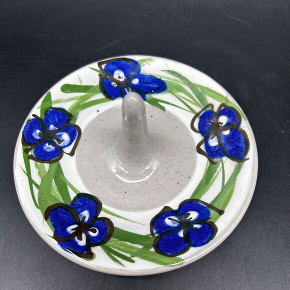 Handmade Art Pottery Ring Dish Blue Flowers (F) - Picture 2 of 3